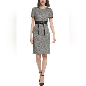 Nwot Calvin Klein Black/White Tweed Shortsleeve Faux Leather Belt Sheath Dress